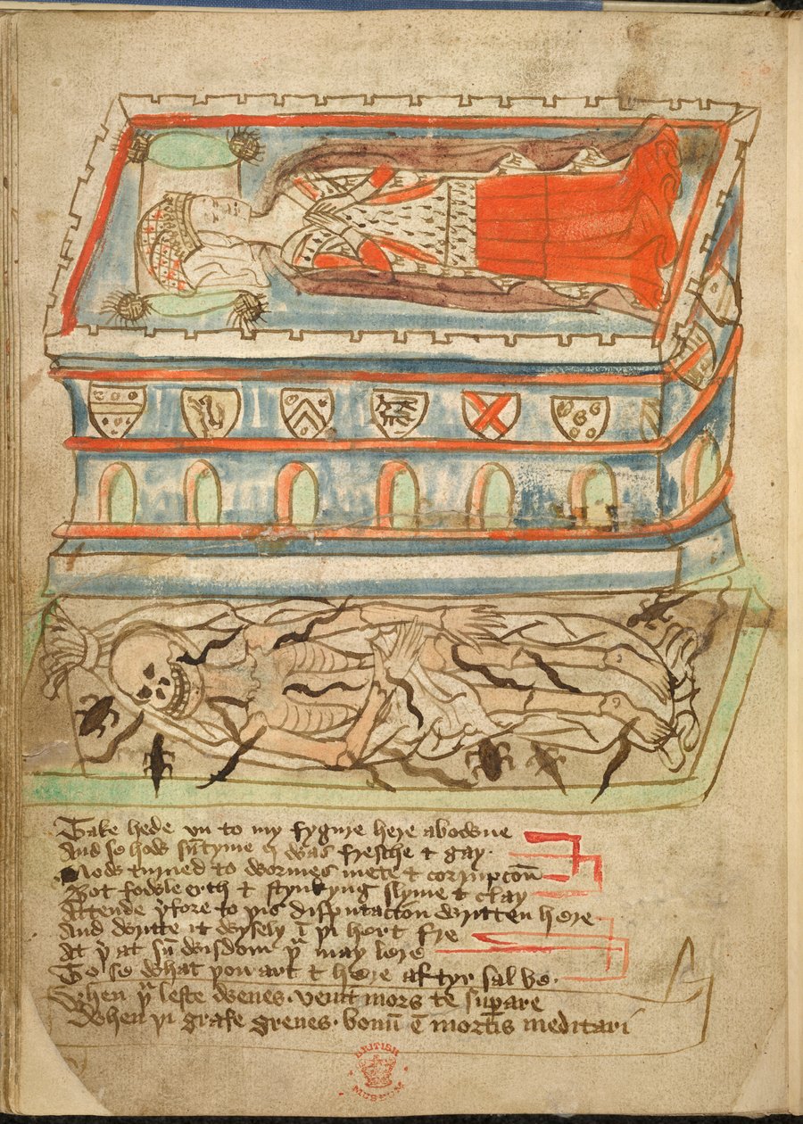Přidat. 37049, f.32v, V rakvi leží ženská mrtvola, dole je vidět kostra z 