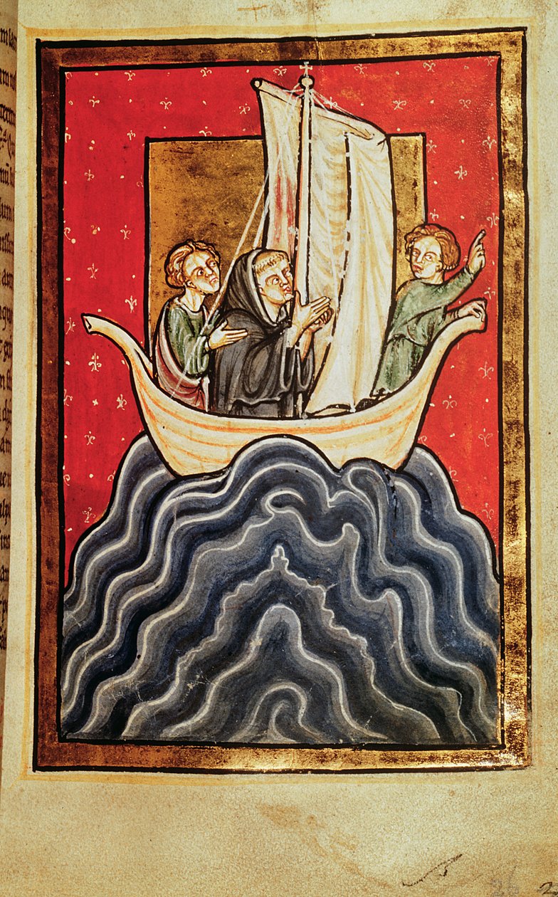Přidejte 39943 f.2b St. Cuthbert a dva bratři vracející se ze země Piktů, z „Života a zázraků svatého Cuthberta“ od Bede, latinsky (Durham) (vellum) od English School
