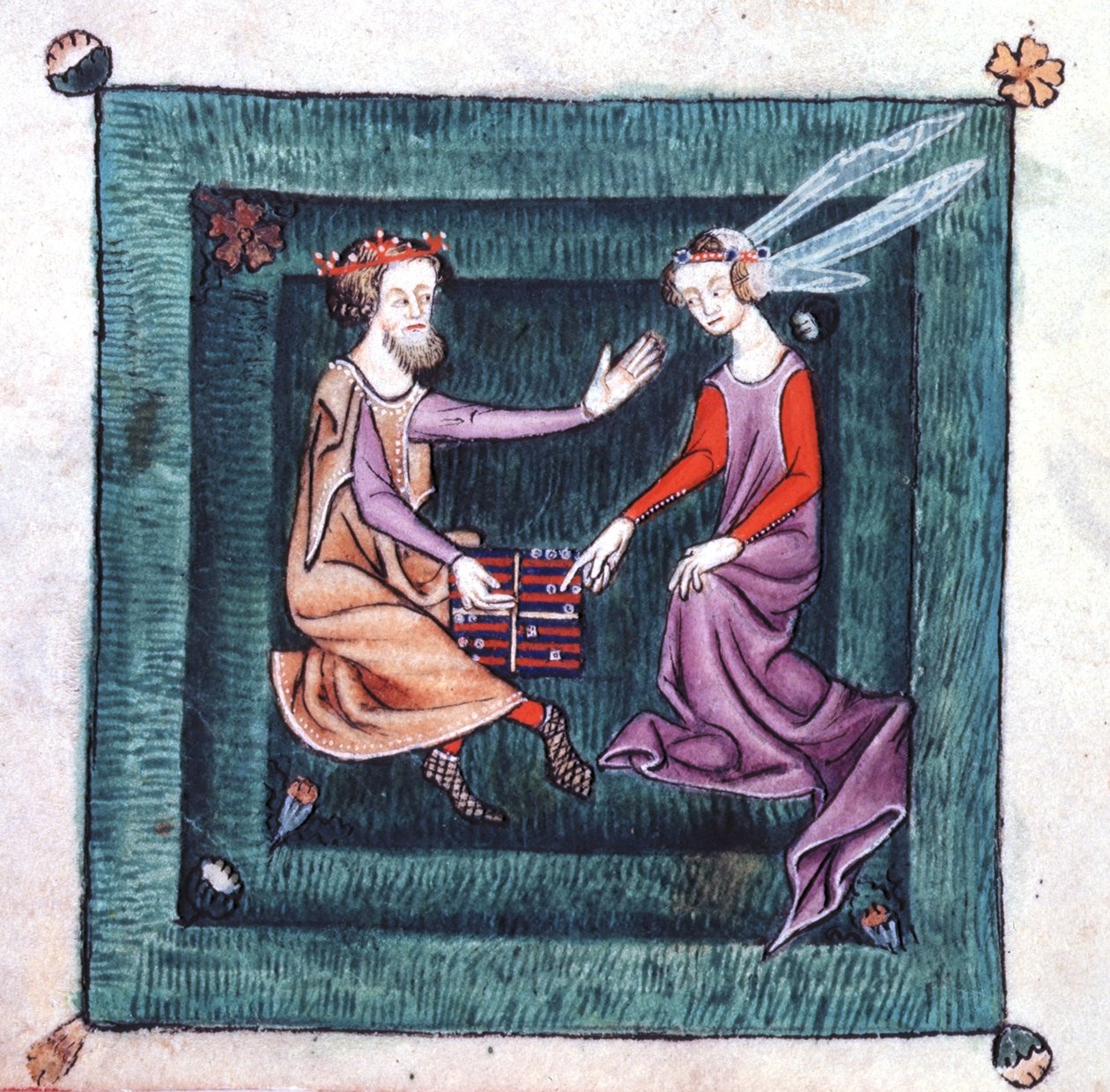 Přidat 42130 fol.76v Král a dáma sedící v zahradě a hrají deskovou hru připomínající vrhcáby z Luttrellova žaltáře, který začal před rokem 1340 pro sira Geoffreyho Luttrella (vellum) od English School