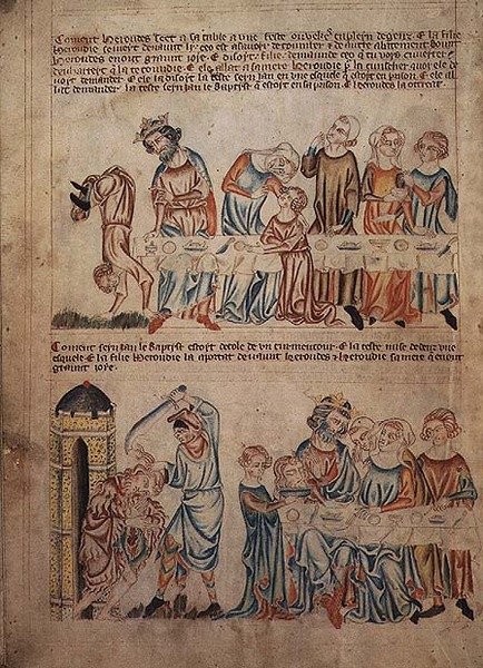Přidejte 47682 f.21v Salome tančící před Herodem a smrtí Jana Křtitele, z 