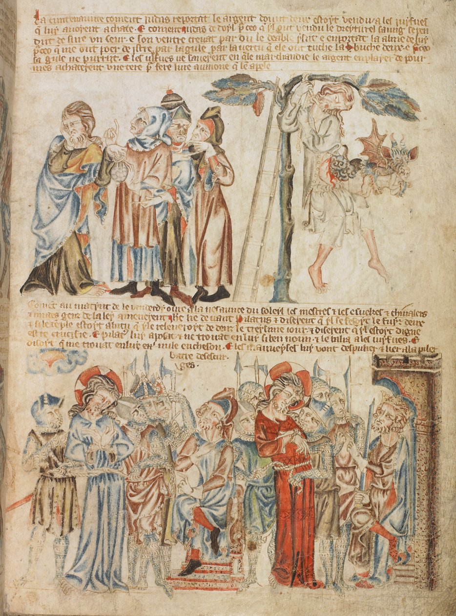 Přidat. 47682, f.30, Jidáš vrací třicet stříbrných; Jidášova smrt; Kristus před Pilátem a před Herodem, z Holkham Bible Picture Book, c.1320-30 (vellum) od English School