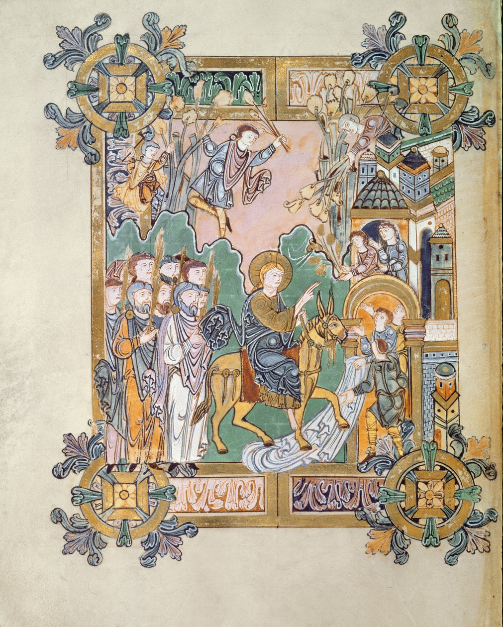 Přidat 49598 f.45v Vstup do Jeruzaléma, z Benedicctional of St. Aethelwold, Winchester, c.980 (vellum) od English School
