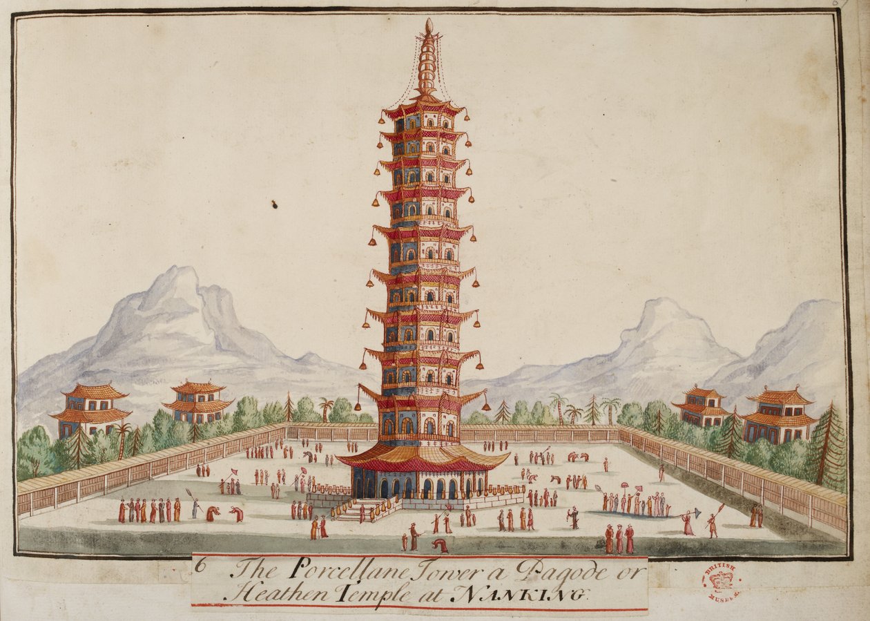 Přidat. 5353, f.67 Porcelánová (porcelánová) věž, pagoda nebo pohanský chrám v Nankingu, ze sbírek kostýmů různých národů od English School