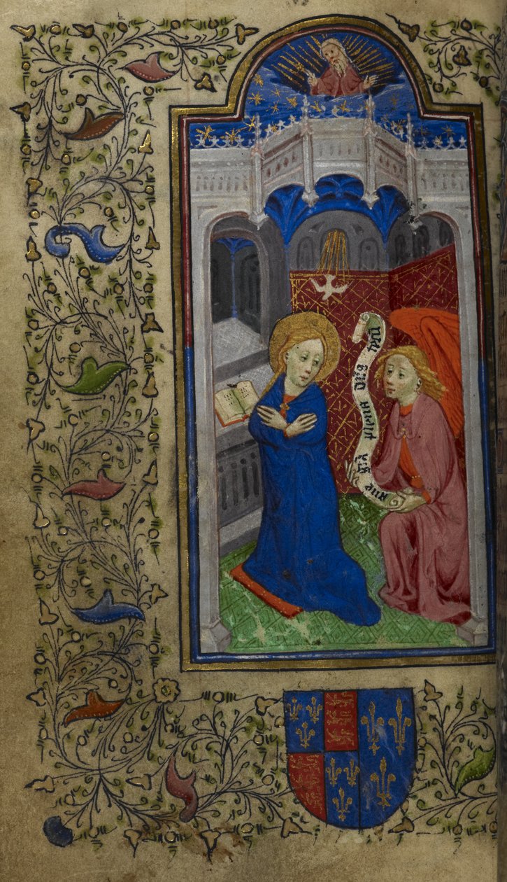 Přidat. 65100, f.27v The Annunciation, Hours of Catherine de Valois, c.1420-22 (vellum) od English School
