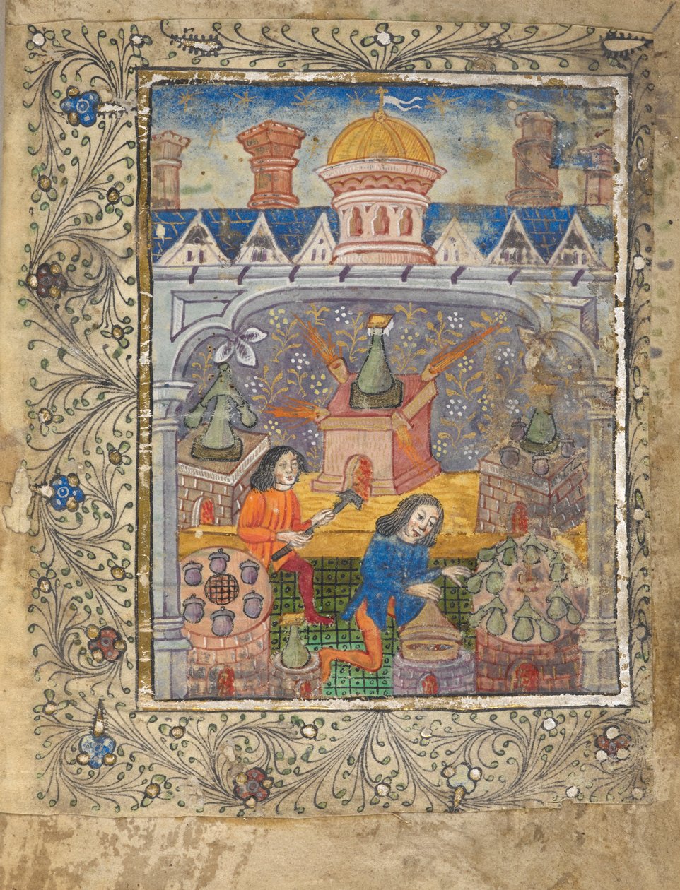 Přidejte MS 10302 f.37v f. 1r Sedm pecí s destilačními pecemi, obsluhovaných dvěma muži, pod střechou s kupolí a komíny, kolem 1477 (vellum) od English School
