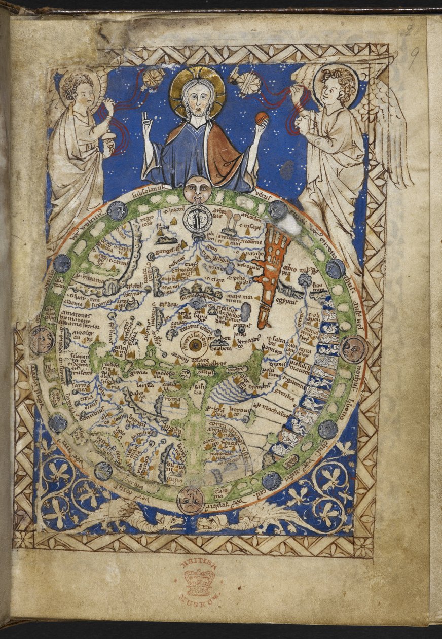 Přidejte MS 28681 f.9 Psalter s dalšími hymnami a modlitbami a středověkou mapou světa („The Map Psalter“) 1262-70 (inkoust, barva a zlato na pergamenu) od English School