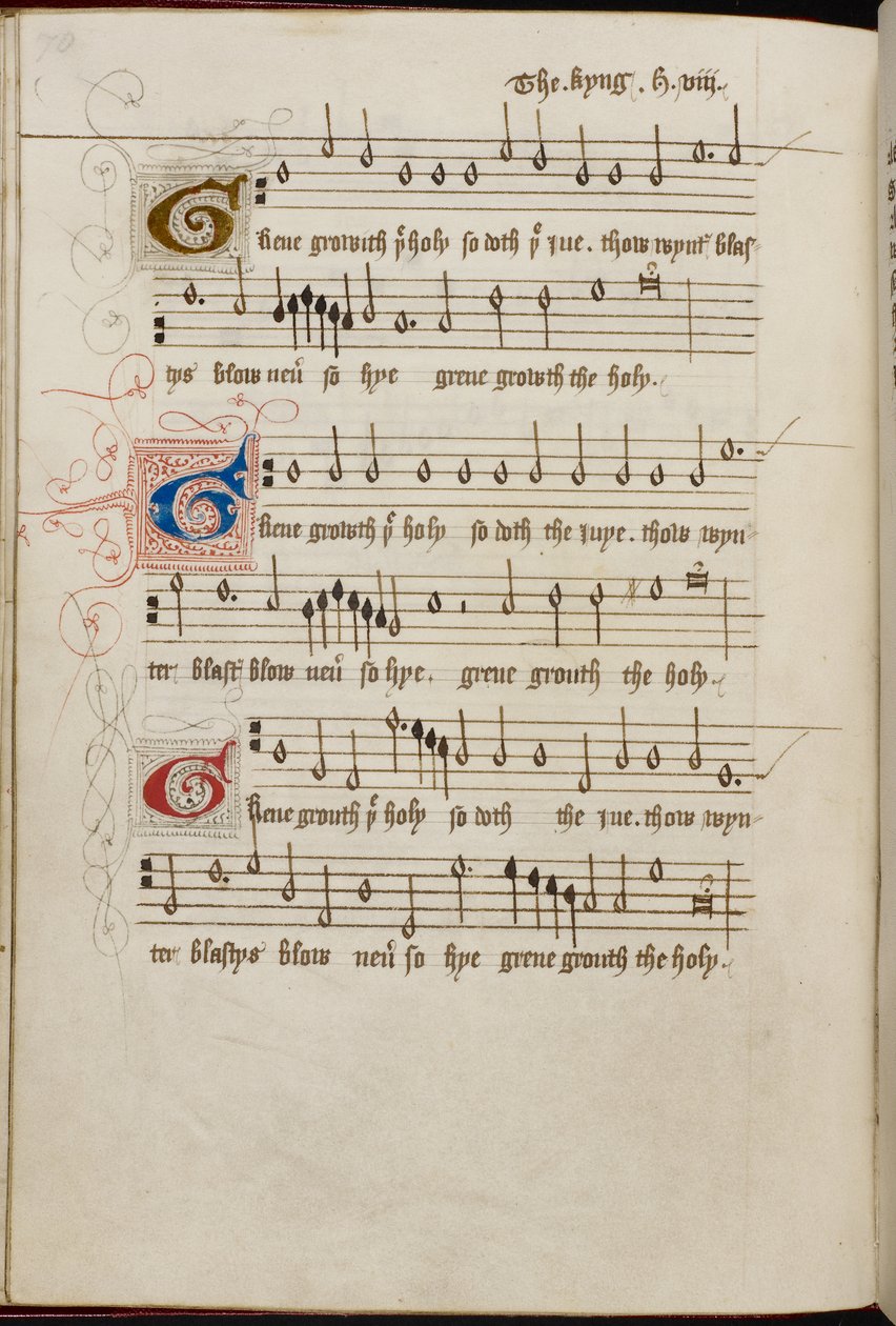 Přidejte MS 31922, f. 37v, „Green Groweth the Holly“ od Jindřicha VIII. (vellum) od English School