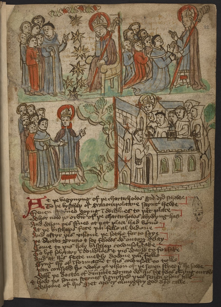 Přidat MS 37049, f.22 The Carthusian Miscellany (Náboženská próza a verš) v severní angličtině, včetně ztělesnění (shrnutí) Mandevilleových cest (inkoust a barva na papíře) od English School