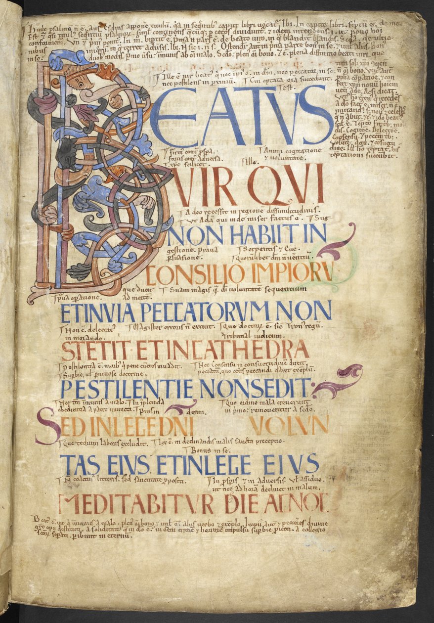 Přidejte MS 37517, f. 4r, Beatus-initial (Beatus vir), který začíná knihu žalmů z ‚Bosworth Psalter‘ (vellum) od English School
