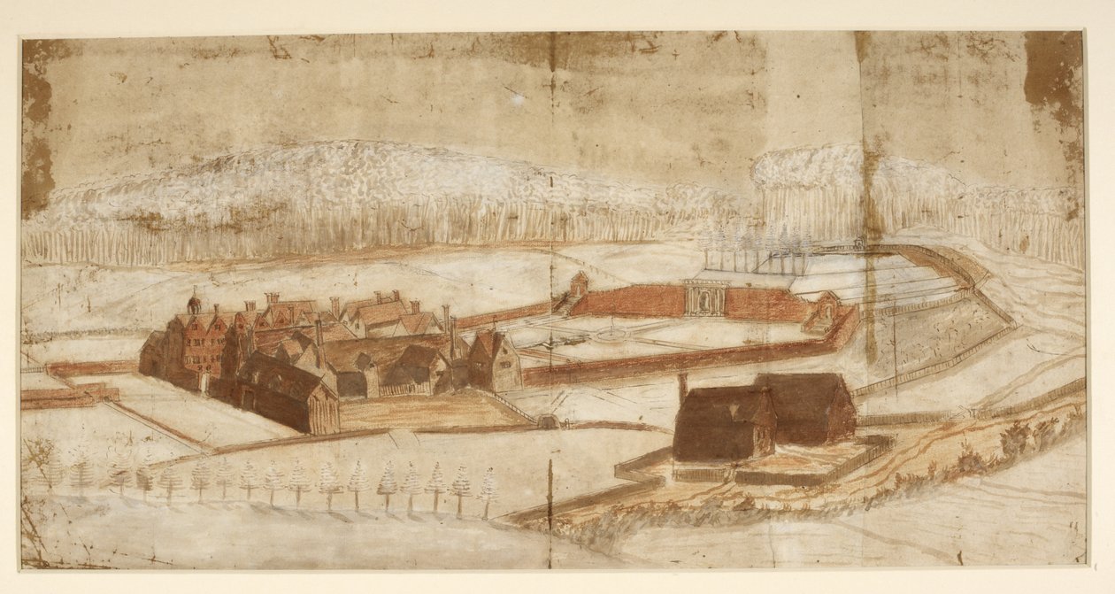 Přidat MS 78610H Pohled na Wotton se zahradou, jeskyní a okolím, cca 1650 (pero a inkoust s pastelkou a mytí na papíře) od English School