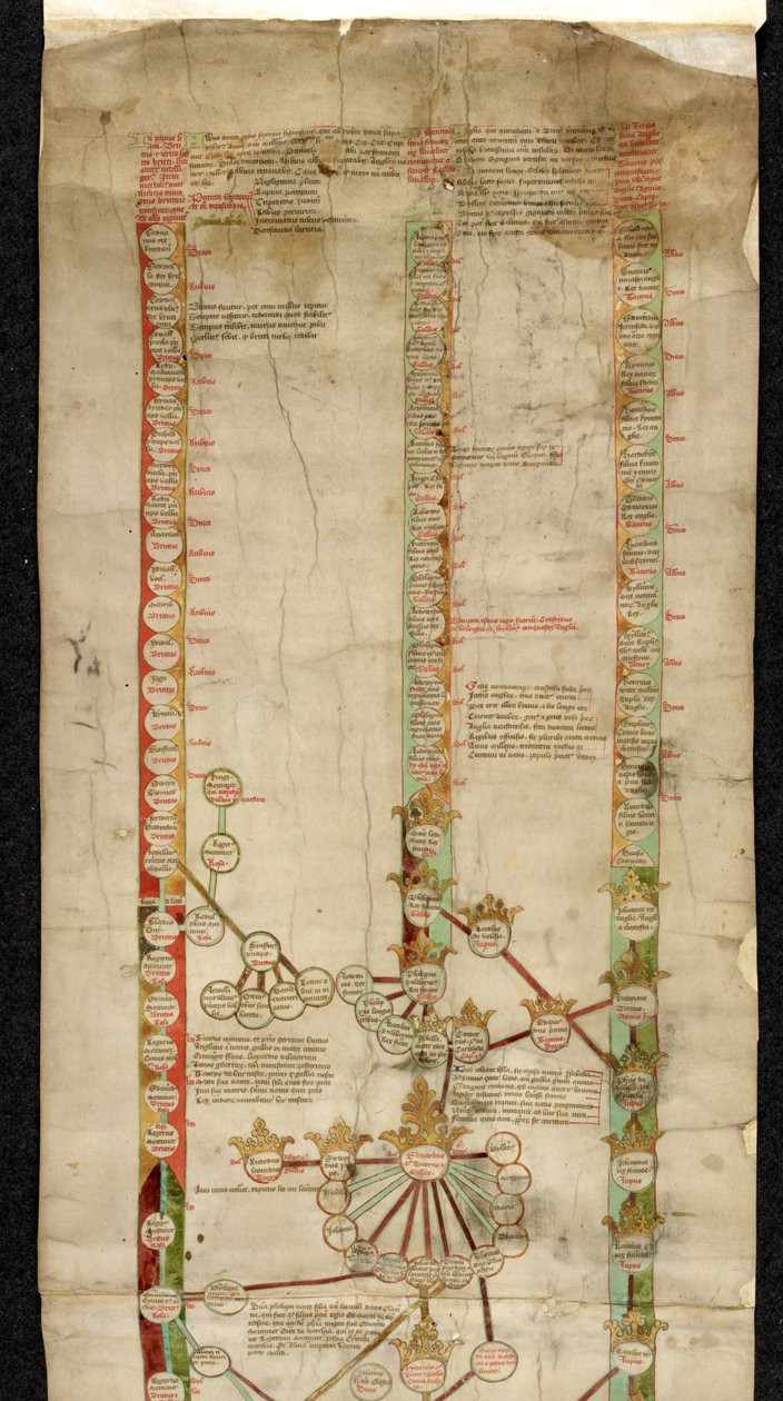 Další MS 18268 A, Genealogie Edwarda Čtvrtého z Anglie, ukazující jeho titul ke korunám Walesu, Francie a Anglie, ve třech liniích původu. od English School
