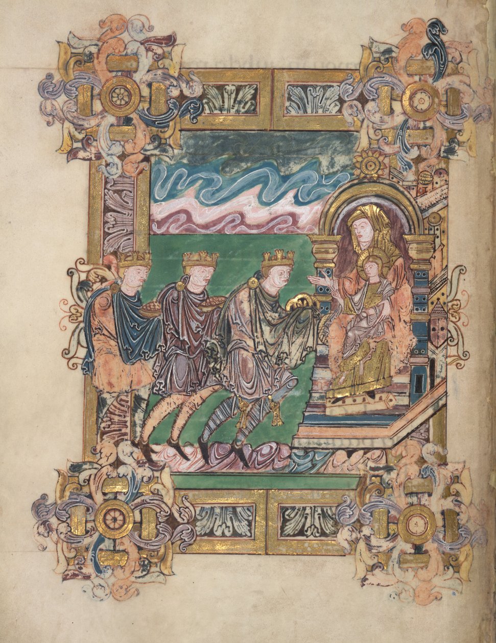 Klanění tří králů, Add. 49598, f.24v, z Benedicctional of St Aethelwold, 971-984 (vellum) od English School