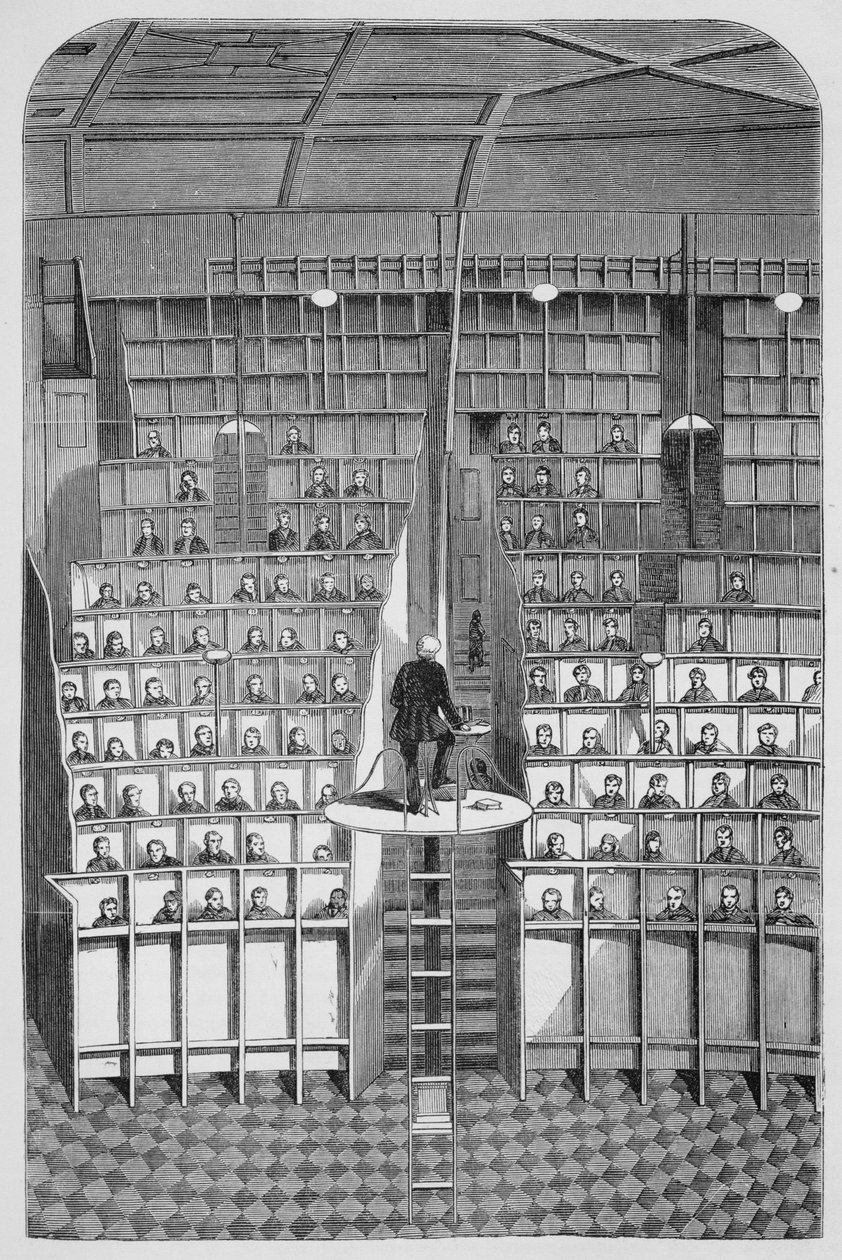 Škola pro dospělé v kapli, v odděleném systému, v Surrey House of Correction, Wandsworth, z The Criminal Prisons of London a Scenes of Prison Life od Henryho Mayhewa (1812-87) a Johna Binna od English School
