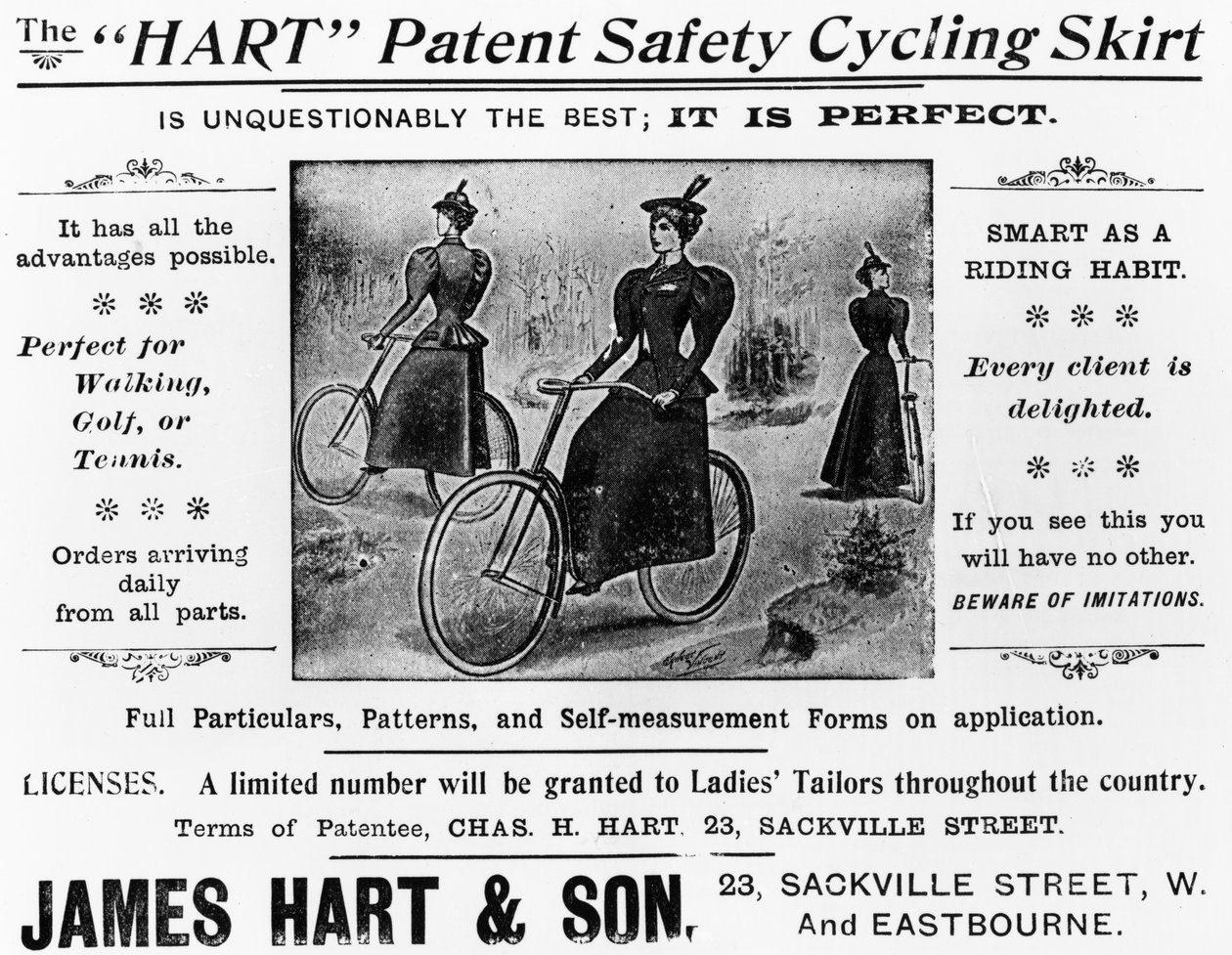 Reklama na bezpečnostní cyklistickou sukni The Hart Patent Safety, cca 1897 (tištěný papír) od English School