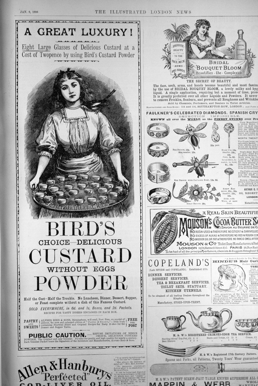 Reklama na Birds Custard Powder, od The Illustrated London News, 1. září 1886 od English School