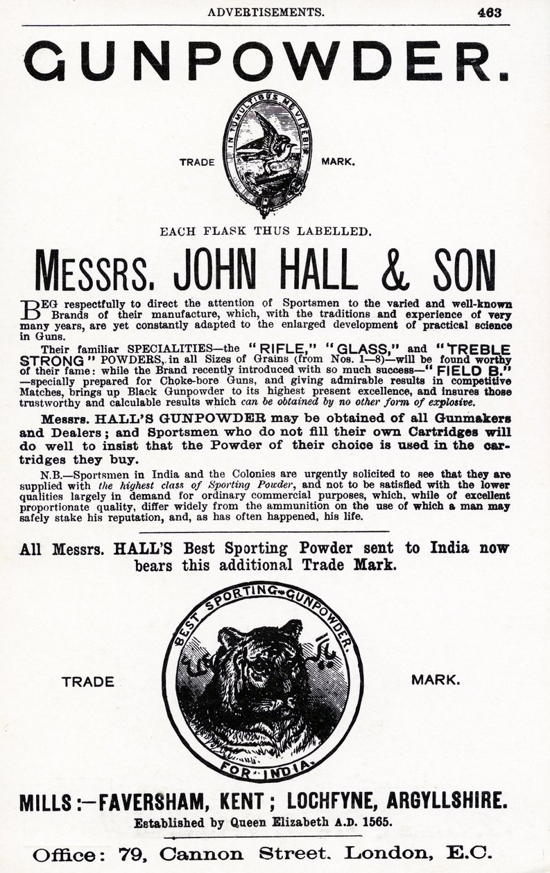 Reklama na střelný prach od pánů John Hall & Son (litho) od English School