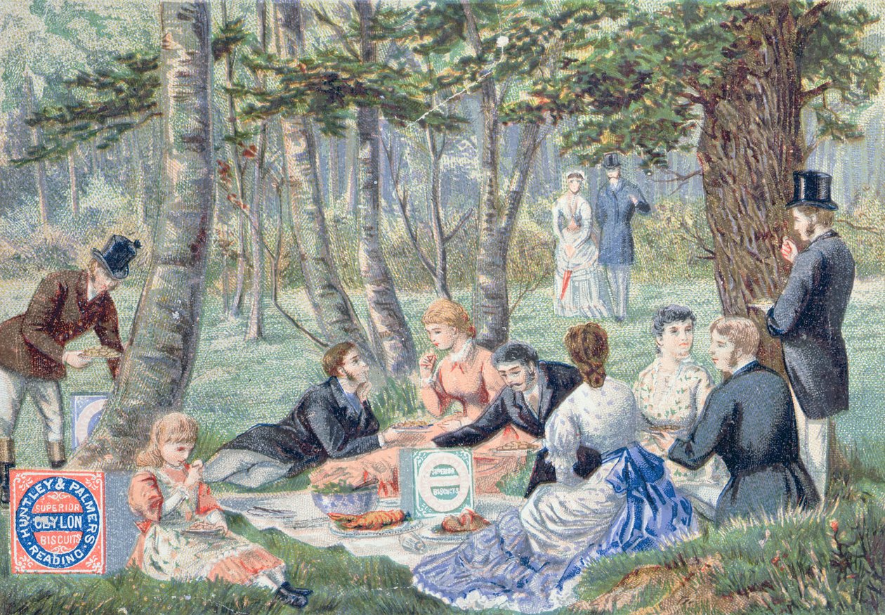 Reklama na Imperial Ceylon Biscuits od Huntley & Palmer zobrazující piknik v Epping Forest od English School