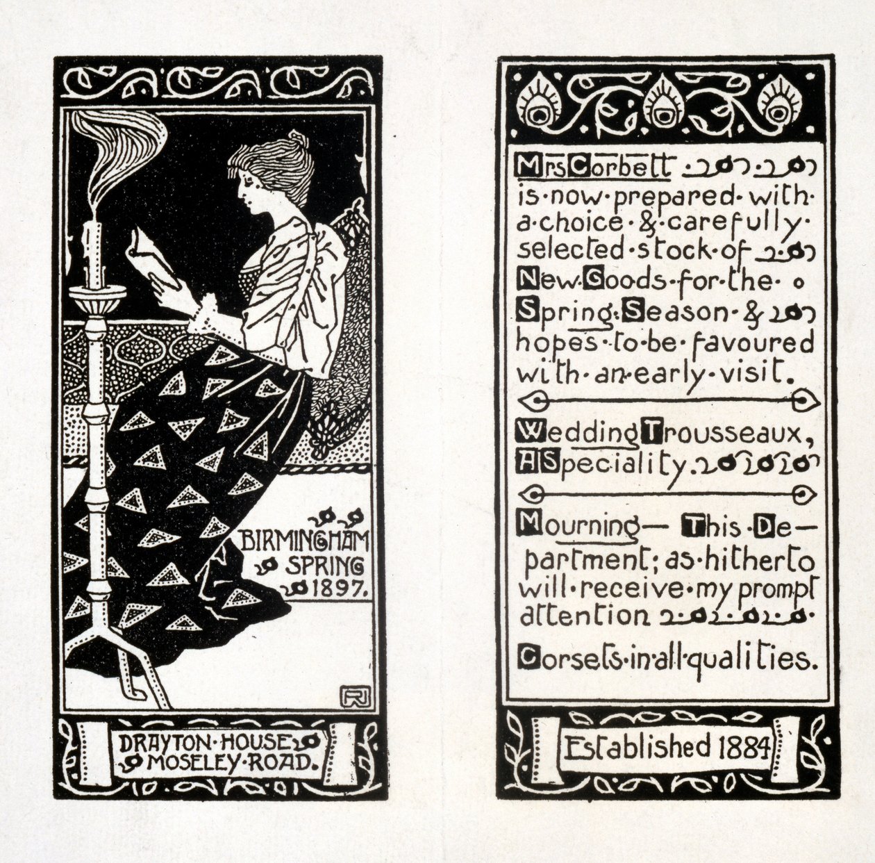 Reklama pro paní Corbett v Drayton House, Birmingham, 1897 od English School
