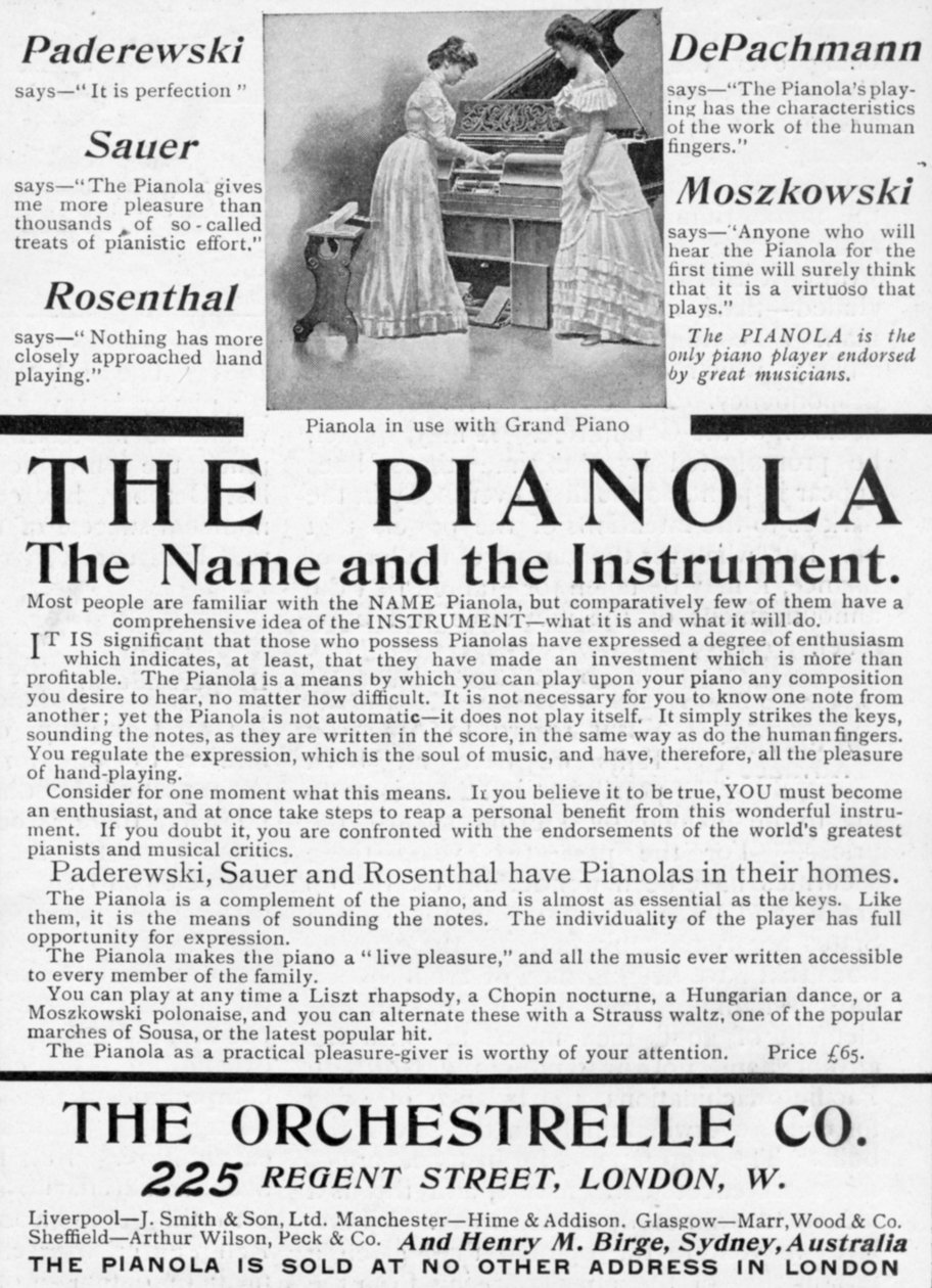 Reklama na The Pianola, od Krále, 1. června 1901 (tištěný papír) od English School