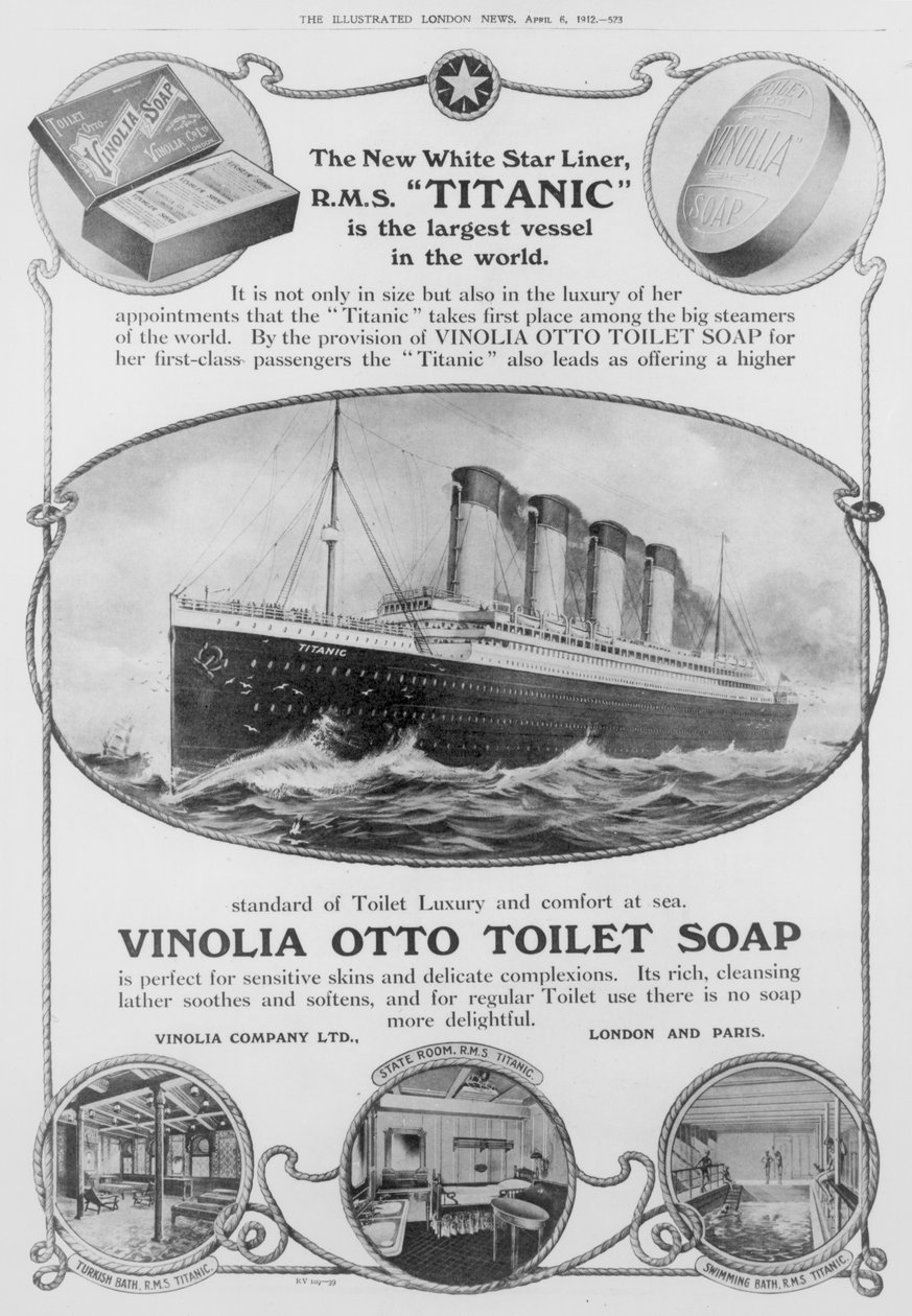 Reklama na toaletní mýdlo Vinolia Otto, které se používalo na Titaniku, z "The Illustrated London News", 6. dubna 1912 (rytina) (čb fotografie) od English School