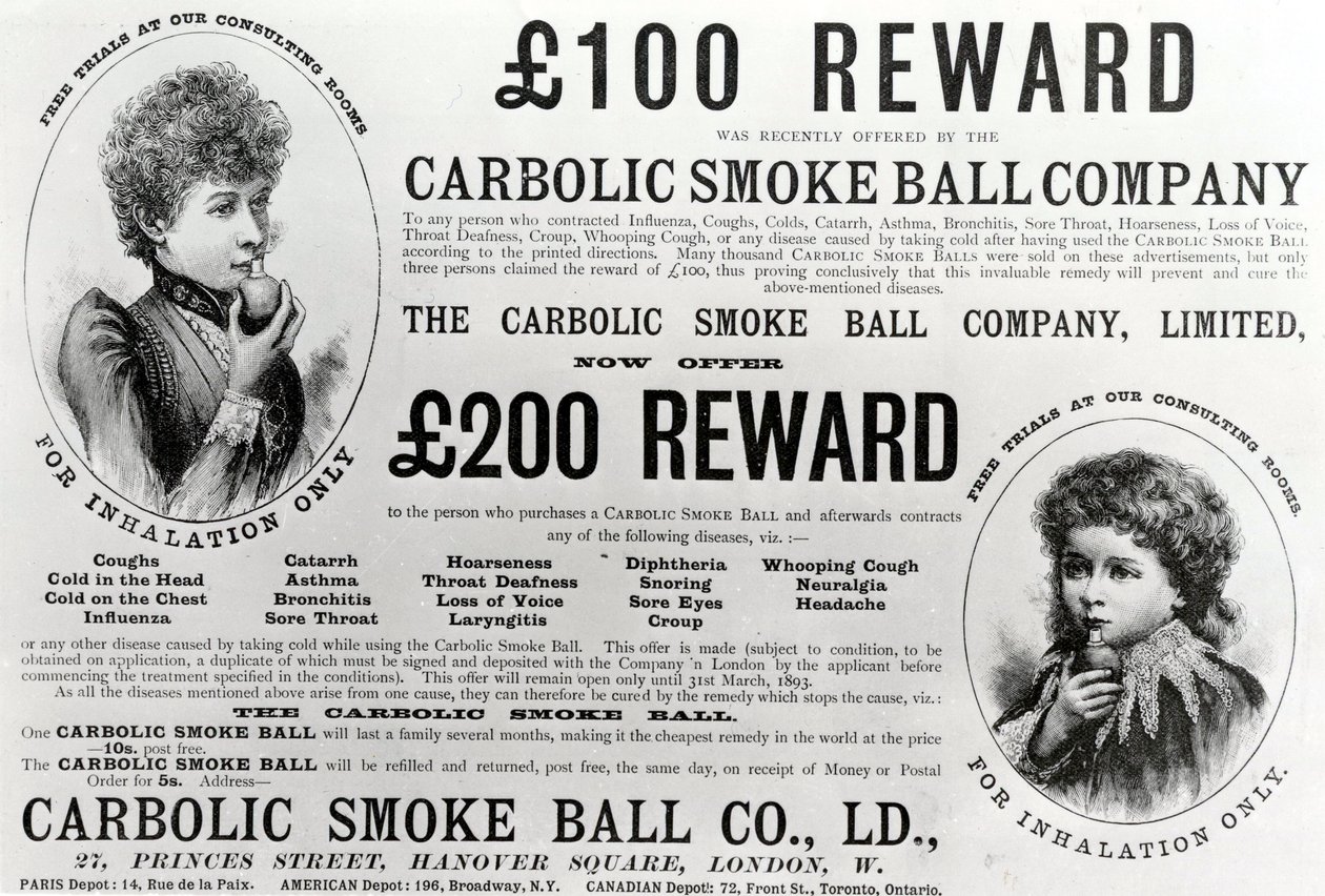 Reklama na Carbolic Smoke Ball Company, 1893 od English School