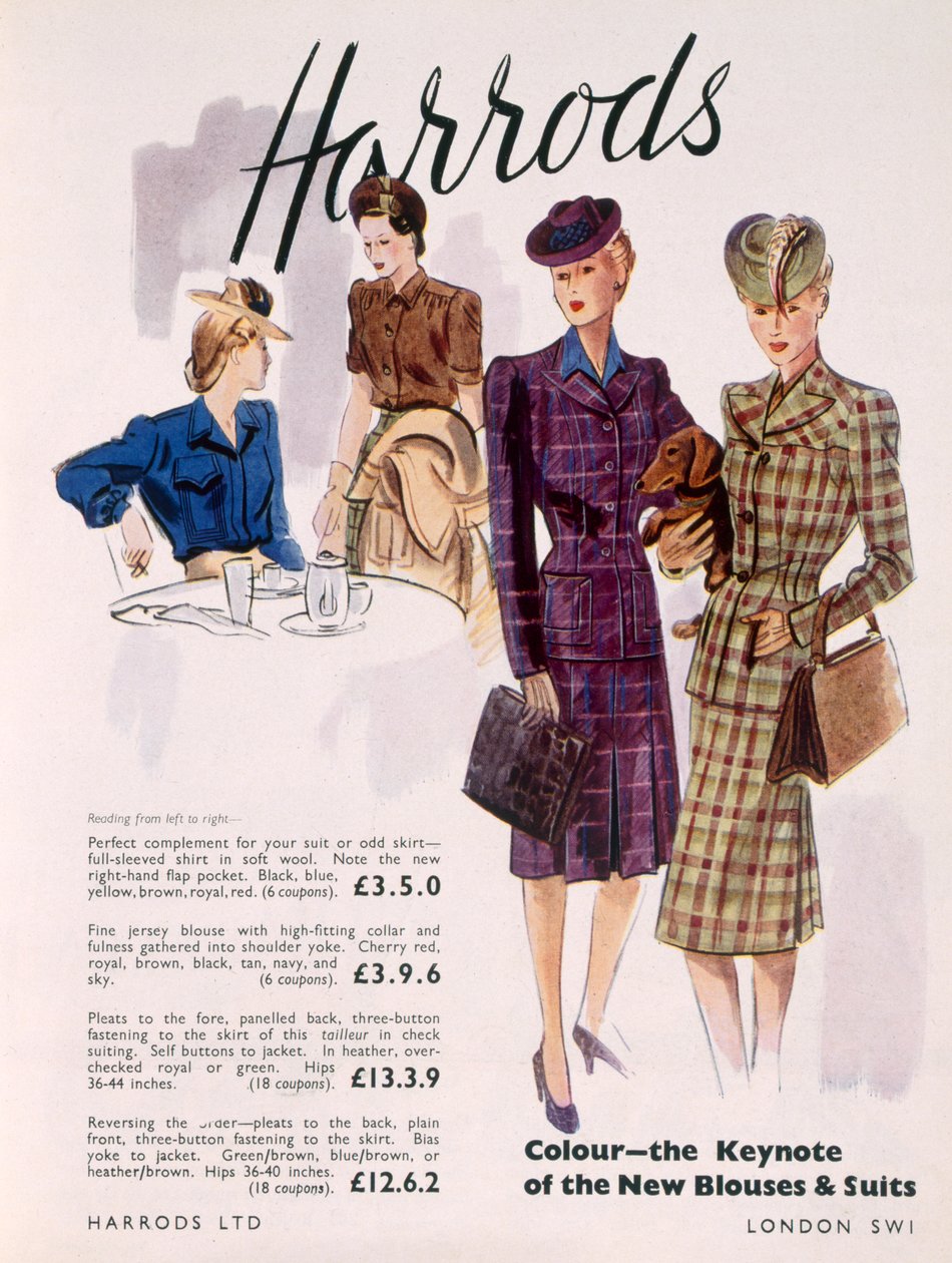 Reklama na dámské halenky a obleky v Harrods, 1945 od English School
