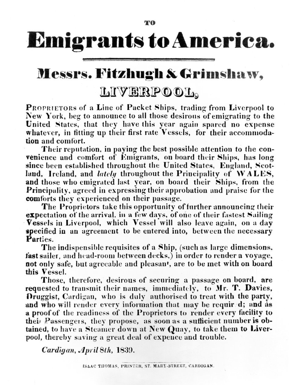 Reklama na Packet Ships to America, 1839 (tištěný papír) od English School