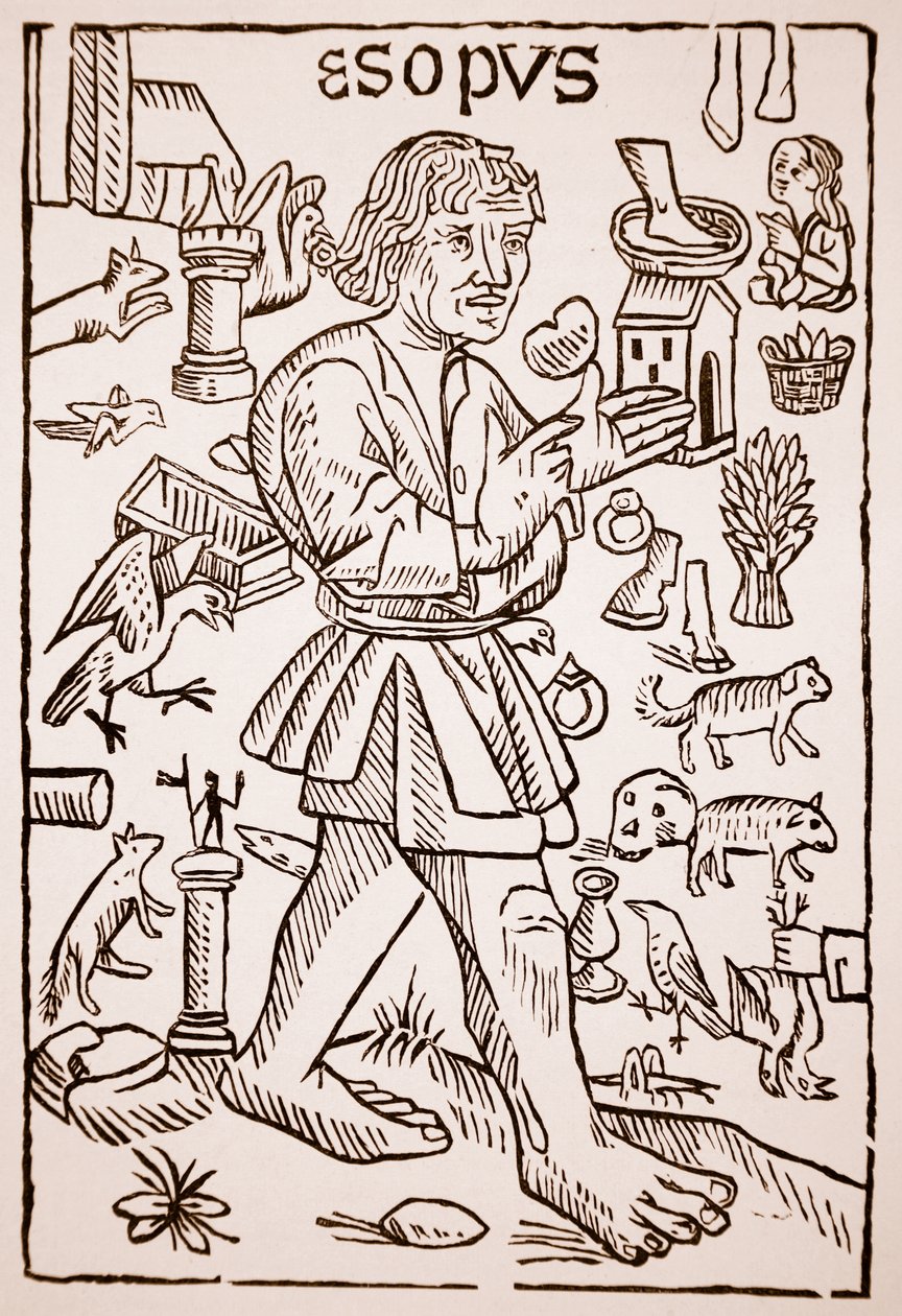 Ezop, přední díl Ezopových bajek od Williama Caxtona (asi 1422-91), 1434 (sépiová fotografie) od English School