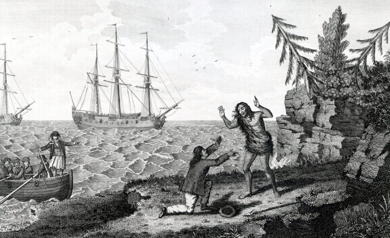 Ovlivňující rozhovor dvou mužů Mokito, ilustrace převzata z Moores Voyages and Travels, 1778 od English School