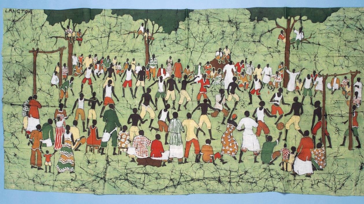 Africká batika, ilustrace a fotbalový zápas s přihlížejícími diváky (textil) od English School