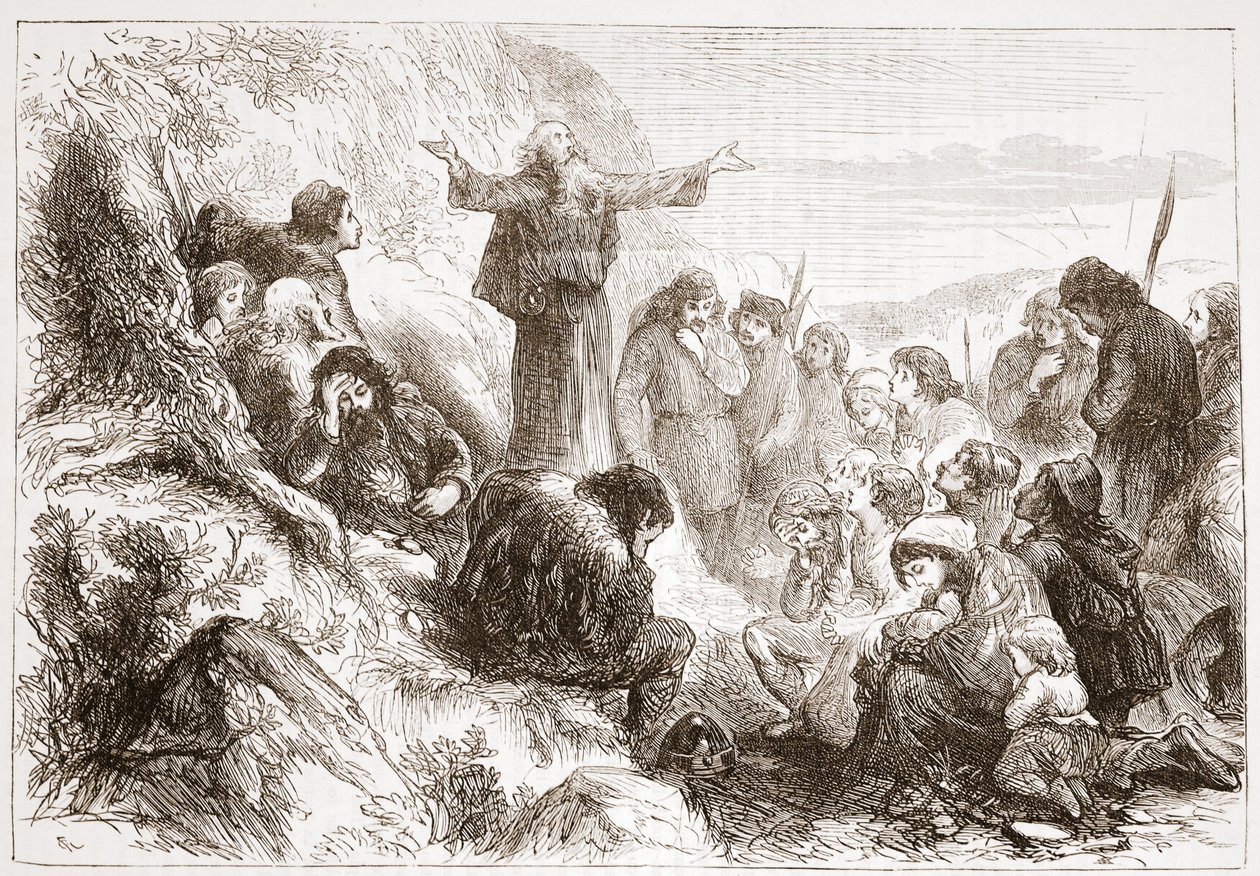 Albigenští věřící na břehu Rhony, ilustrace z Historie protestantismu od Jamese Aitkena Wylie (1808-1890), hospoda. 1878 od English School