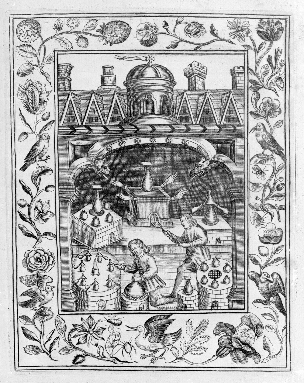 Alchymistická laboratoř ukazující různé formy pecí a nádob, převzato z Theatrum Chemicum Britannicum od Eliase Ashmole, 1652 od English School