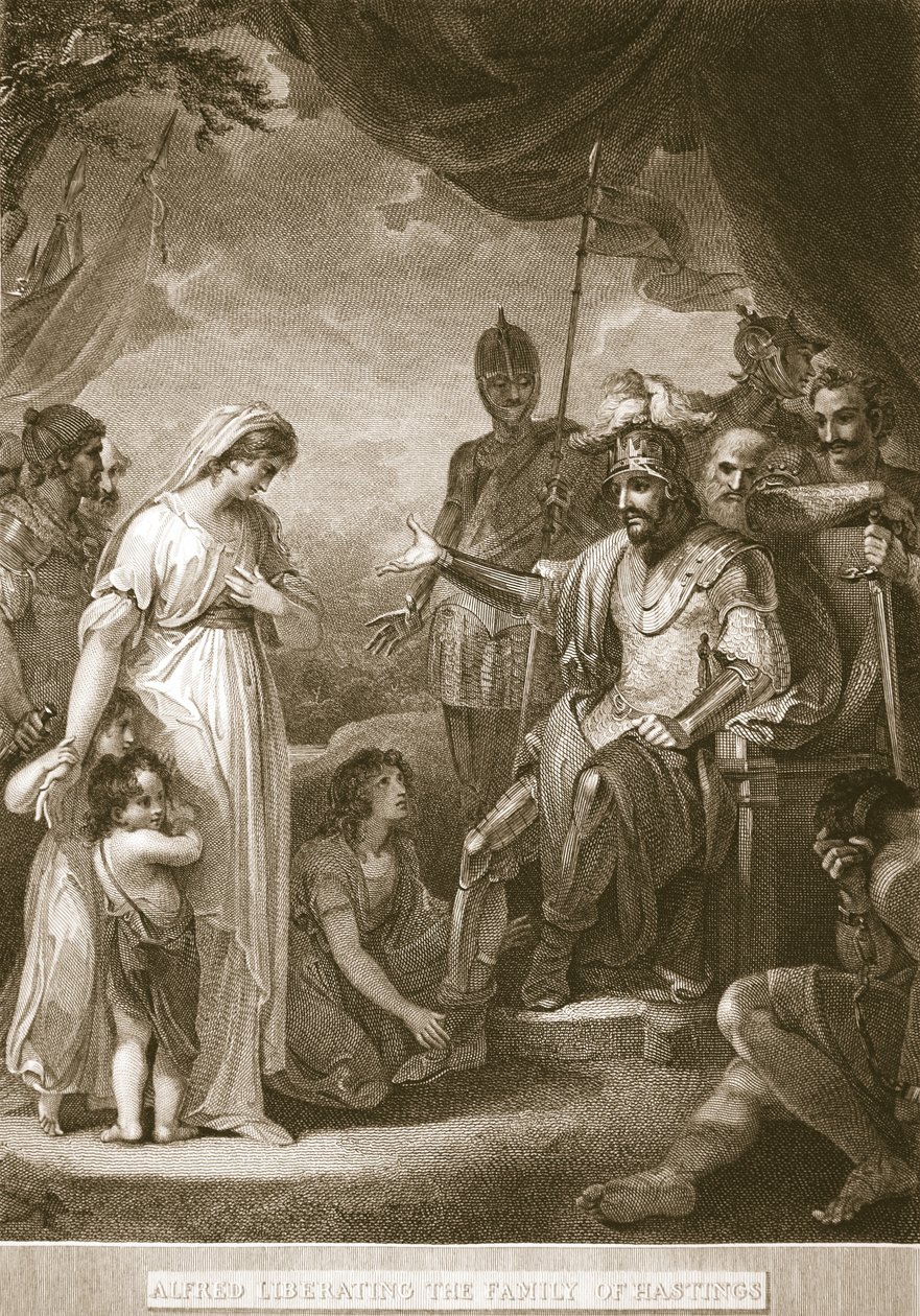 Alfred osvobozující rodinu Hastingsů, ilustrace od Davida Humese Historie Anglie, hospoda. od R. Bowyera, Londýn, 1812 od English School
