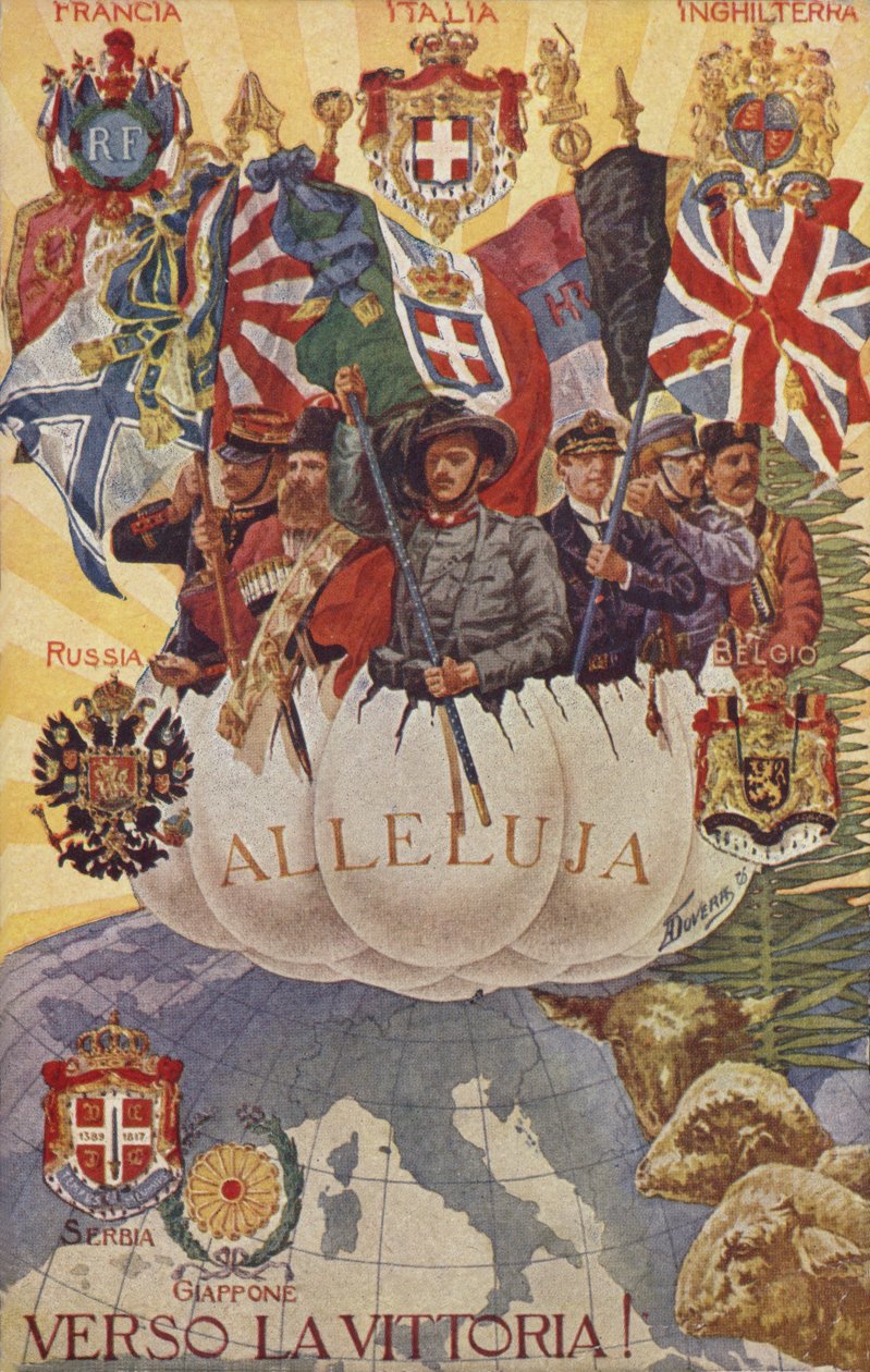 Spojenečtí vojáci vztyčují vlajky (barevná litografie) od English School