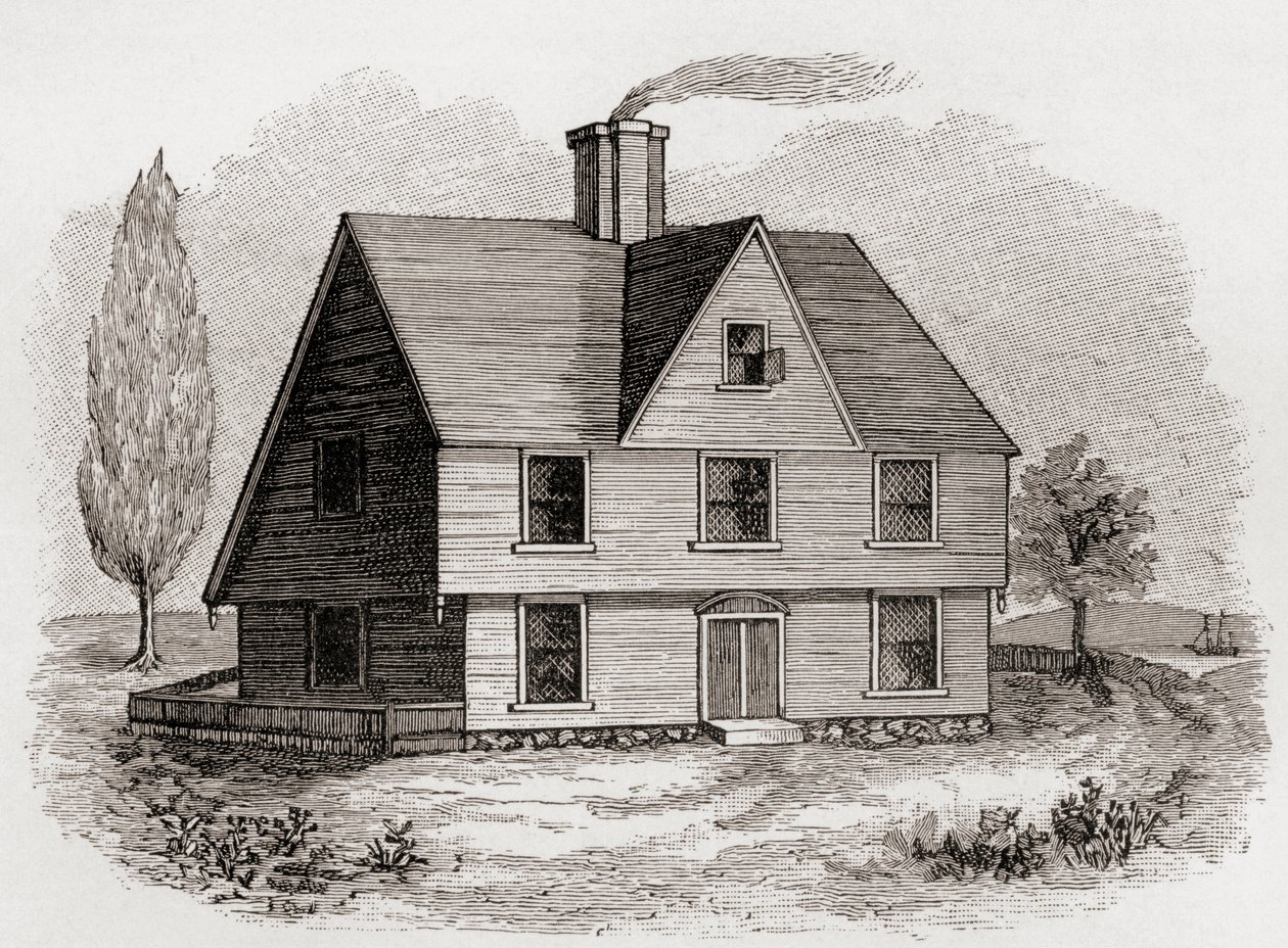 Allyn House, New Plymouth, Severní Amerika, z „Krátké historie anglického lidu“ od J. R. Greena, vydaného v roce 1893 od English School