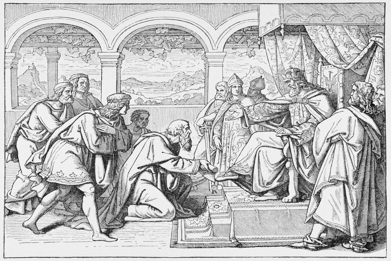 Velvyslanci Harouna al Raschida (asi 766-809) před Karlem Velikým (768-814), z Historie Francie, Emile de Bonnechose, vydal Ward, Lock and Co, Londýn od English School
