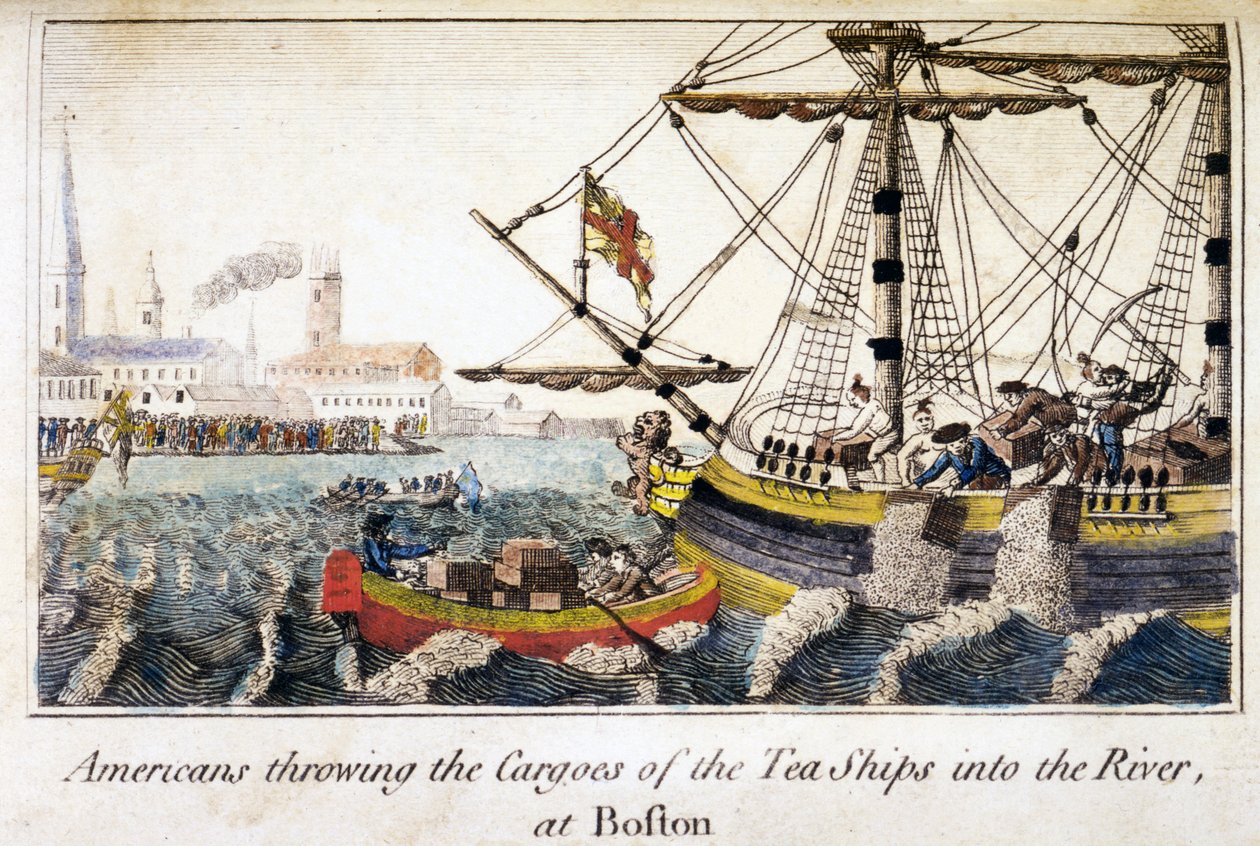 Američané házejí náklad čajových lodí do řeky v Bostonu, hospoda History of the North Americas. Londýn od English School