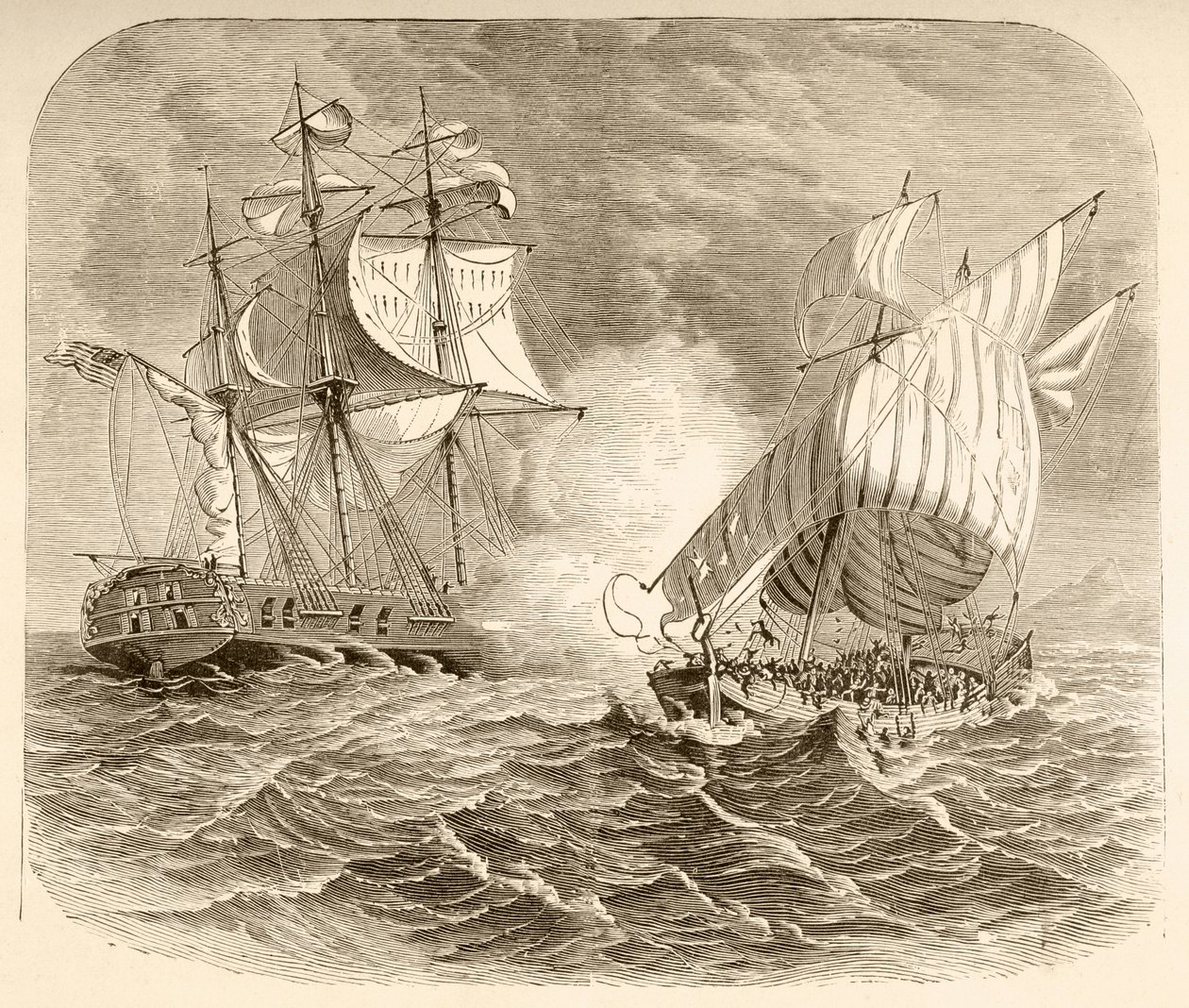 Loď amerického námořnictva zajala alžírskou pirátskou loď u Barbary Coast během První Barbary War (litho) od English School