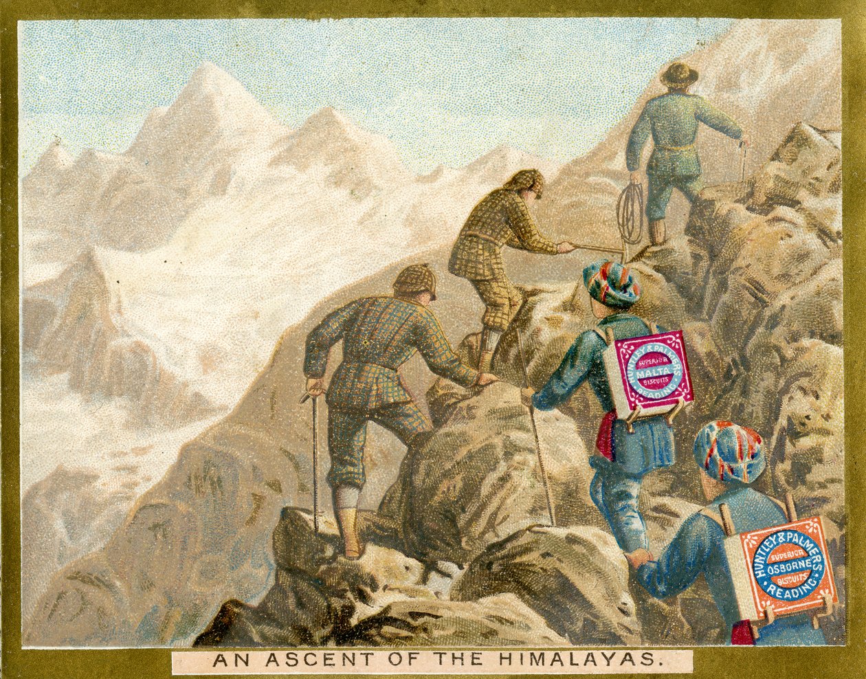 An Ascent of the Himalayas, propagační karta pro Huntley & Palmers Biscuits, kolem roku 1890 od English School