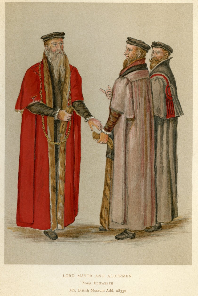Alžbětinský primátor a radní, ilustrace z „Krátké historie anglického lidu“ od J. R. Greena, kolem roku 1892 od English School