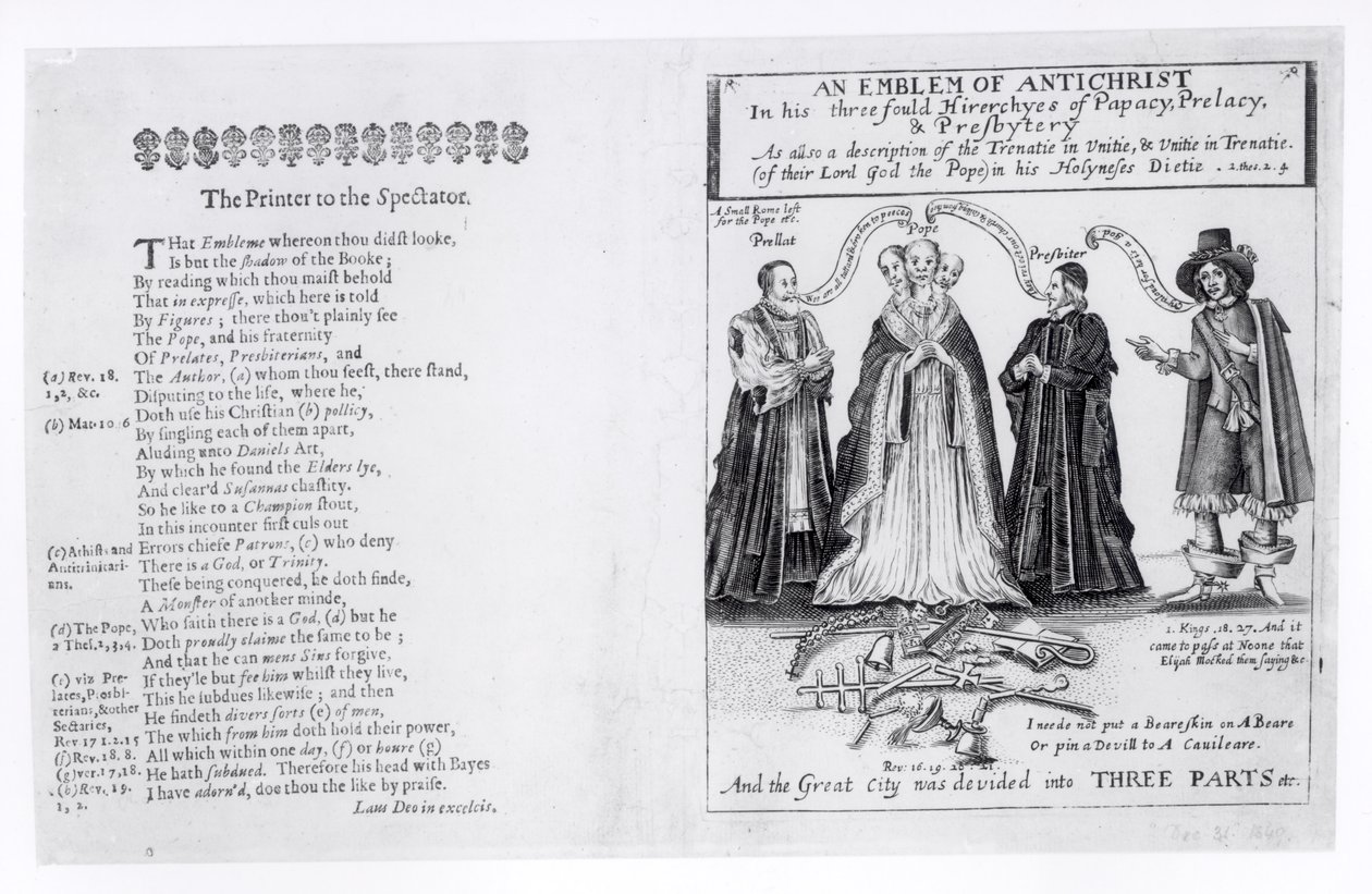 Znak Antikrista v jeho trojitých hierarchiích papežství, prelátství a presbytáře, 1649 od English School