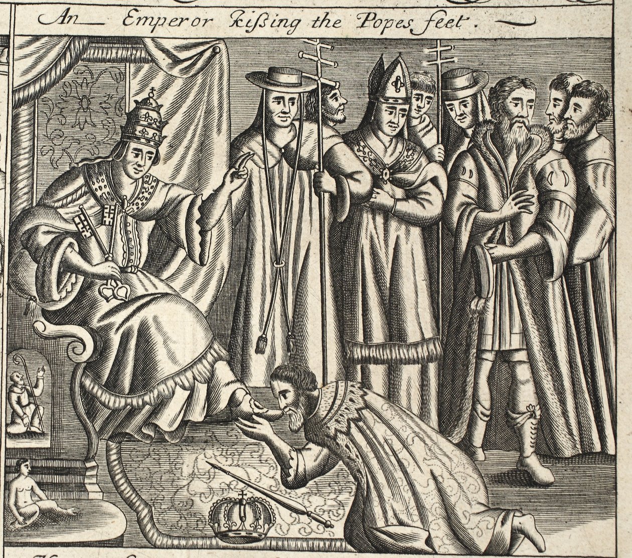 Císař líbající papežovy nohy, ilustrace z Acts and Monuments od Johna Foxe, deváté vydání, pub. 1684 od English School
