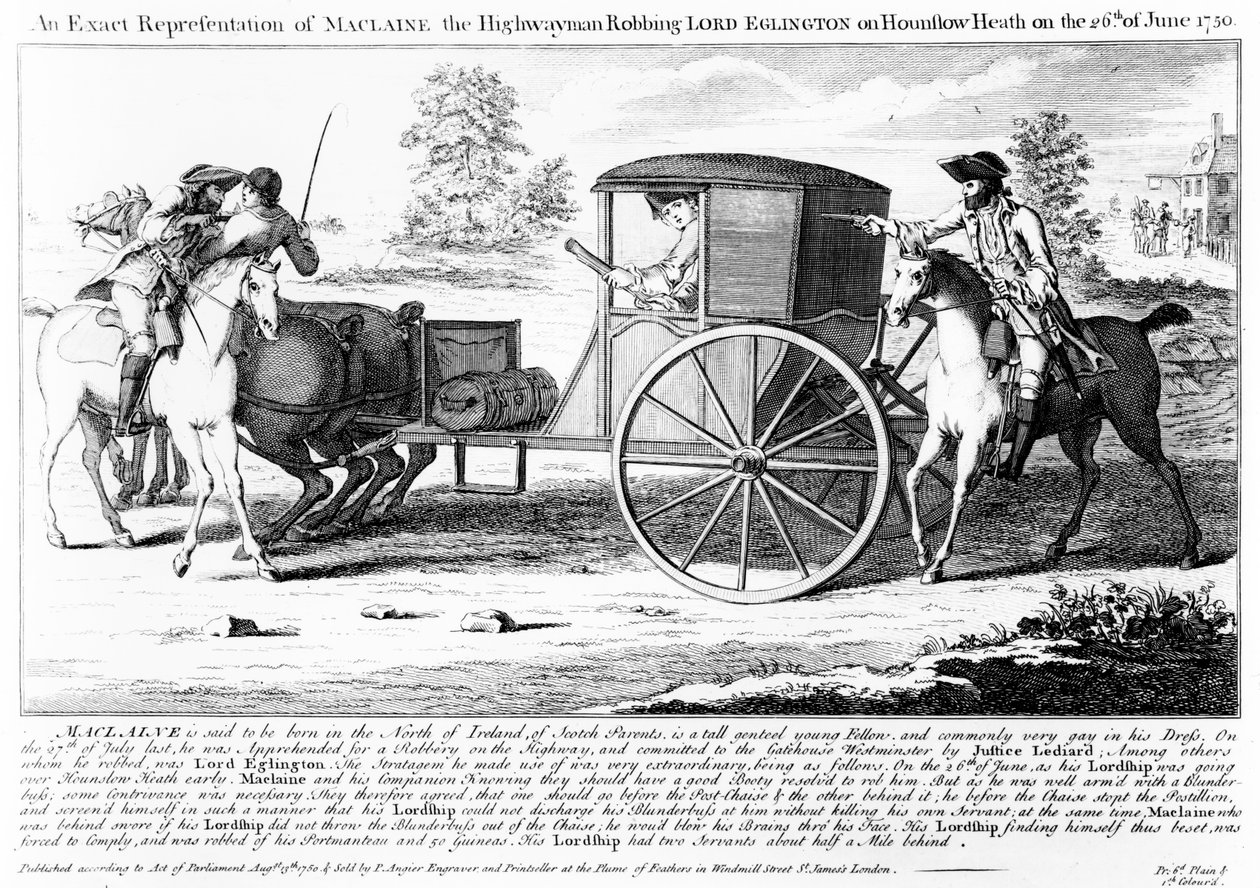 Přesná reprezentace Maclaina Loupežníka okrádajícího lorda Eglingtona na Hounslow Heath dne 26. června 1750, tisk Charles Mosley, 1750 od English School