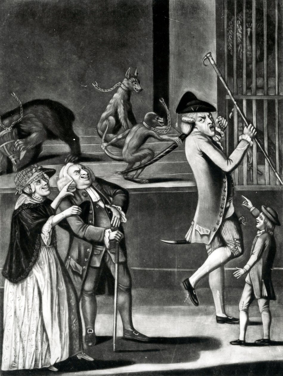 Výstava divokých zvířat aneb makarony v nouzi, 1774 (mezzotinta) od English School