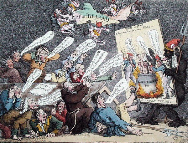 ‚Irský Howl‘, karikatura následky Velké francouzské revoluce v Irsku (barva litho) od English School