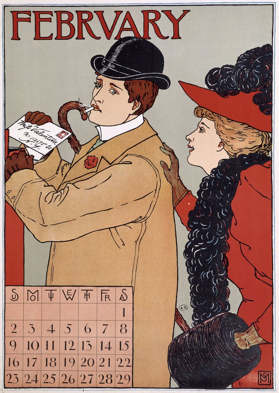 Elegantní pár (muž posílá dopis), obrázek anglického kalendáře, měsíc únor, n. d. koncem 19. století. od English School