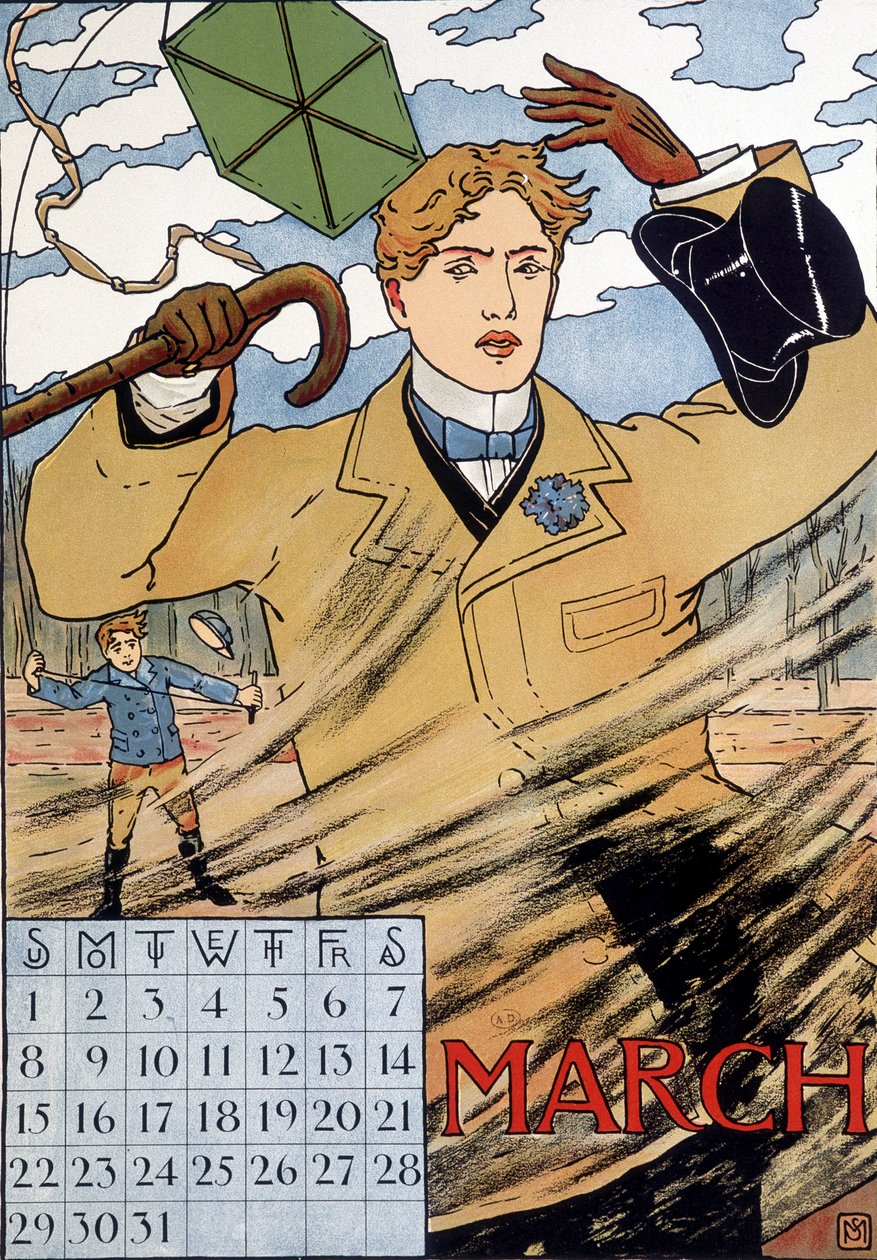 Elegantní muž zápasící s větrem - obrázek anglického kalendáře, březen, konec 19. století od English School