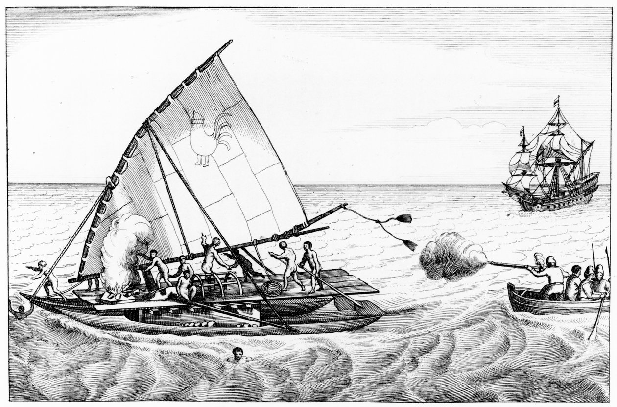 Incident během Le Maires (asi 1585-1616) a Schoutens (asi 1567-1625) obeplutí světa v letech 1615-16, z II. dílu Chronologické historie plaveb a objevů v jižním moři od English School
