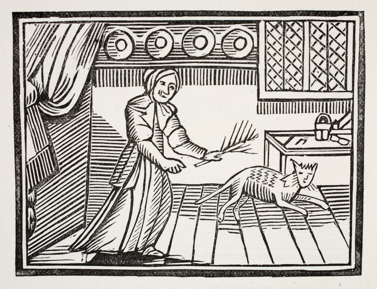 Stará žena bičující svou kočku za chytání myší v neděli, ilustrace z Chap-books of the Eighteenth Century od Johna Ashtona, hospoda. 1882 od English School