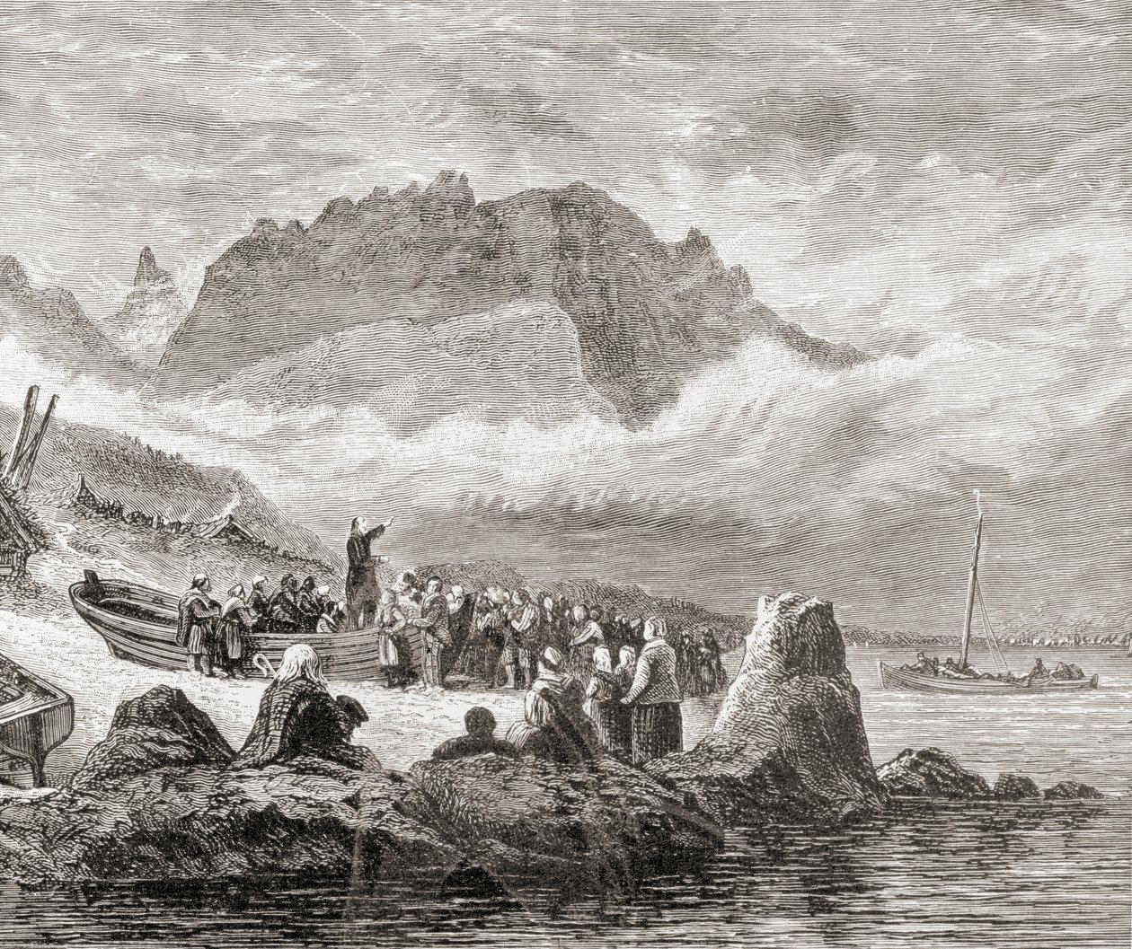 Mše pod širým nebem na ostrově Skye, Vnitřní Hebridy, z knihy "Scottish Pictures Drawn with Pen and Pencil" od Samuela G. Greena, vydané v roce 1886. od English School